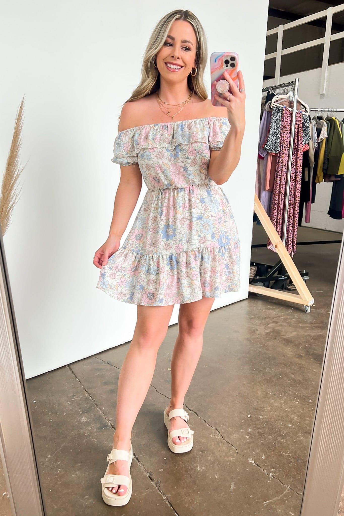 Multi / S Sweet Grace Off Shoulder Floral Ruffle Dress - FINAL SALE - Madison and Mallory