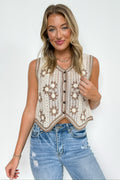 SM / Ivory/Khaki Sweet Meadow Contrast Floral Embroidered Macrame Vest - FINAL SALE - Madison and Mallory