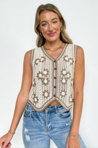 Sweet Meadow Contrast Floral Embroidered Macrame Vest - FINAL SALE - Madison and Mallory