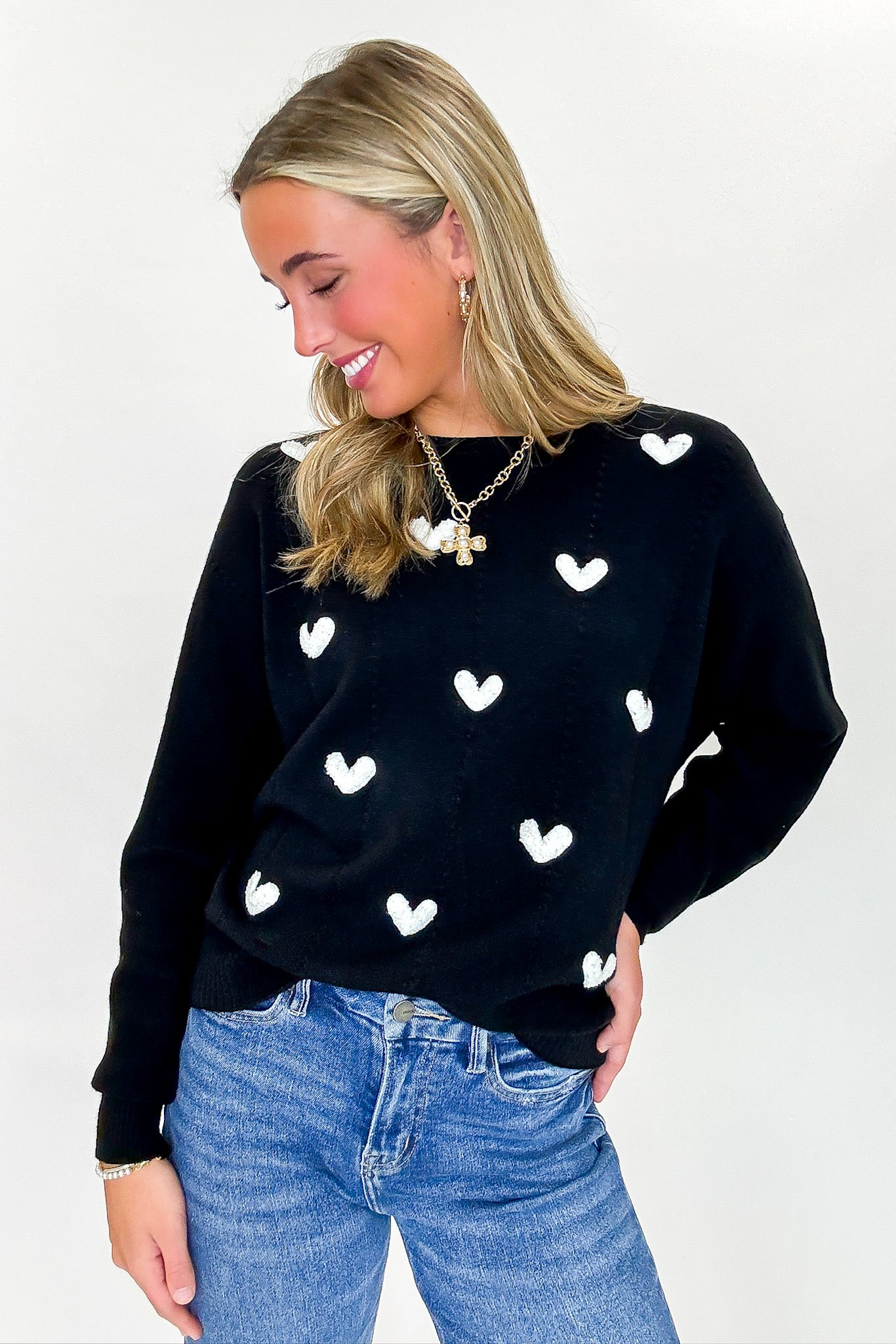 S / Black White Sweet Whimsy Heart Embroidered Sweater - FINAL SALE - Madison and Mallory