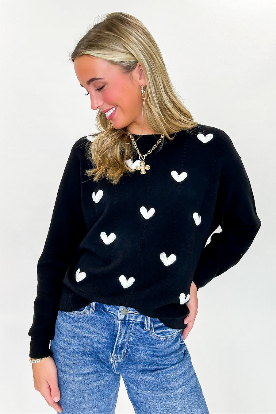 S / Black White Sweet Whimsy Heart Embroidered Sweater - Madison and Mallory