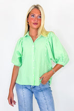 S / Green Stripe Sweet Structure Striped Puff Sleeve Button Top - Madison and Mallory