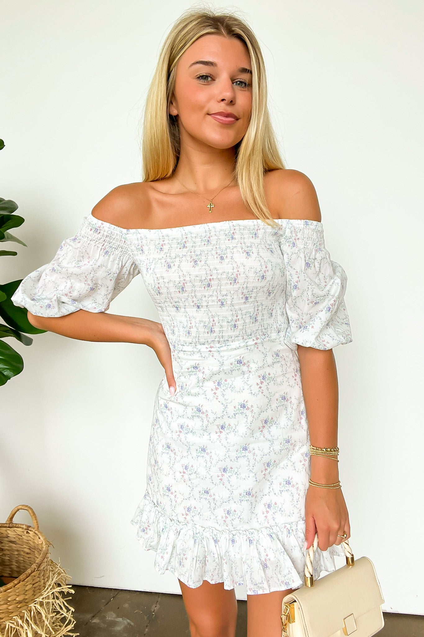  Sweetest Grace Off Shoulder Smocked Floral Dress - Madison and Mallory