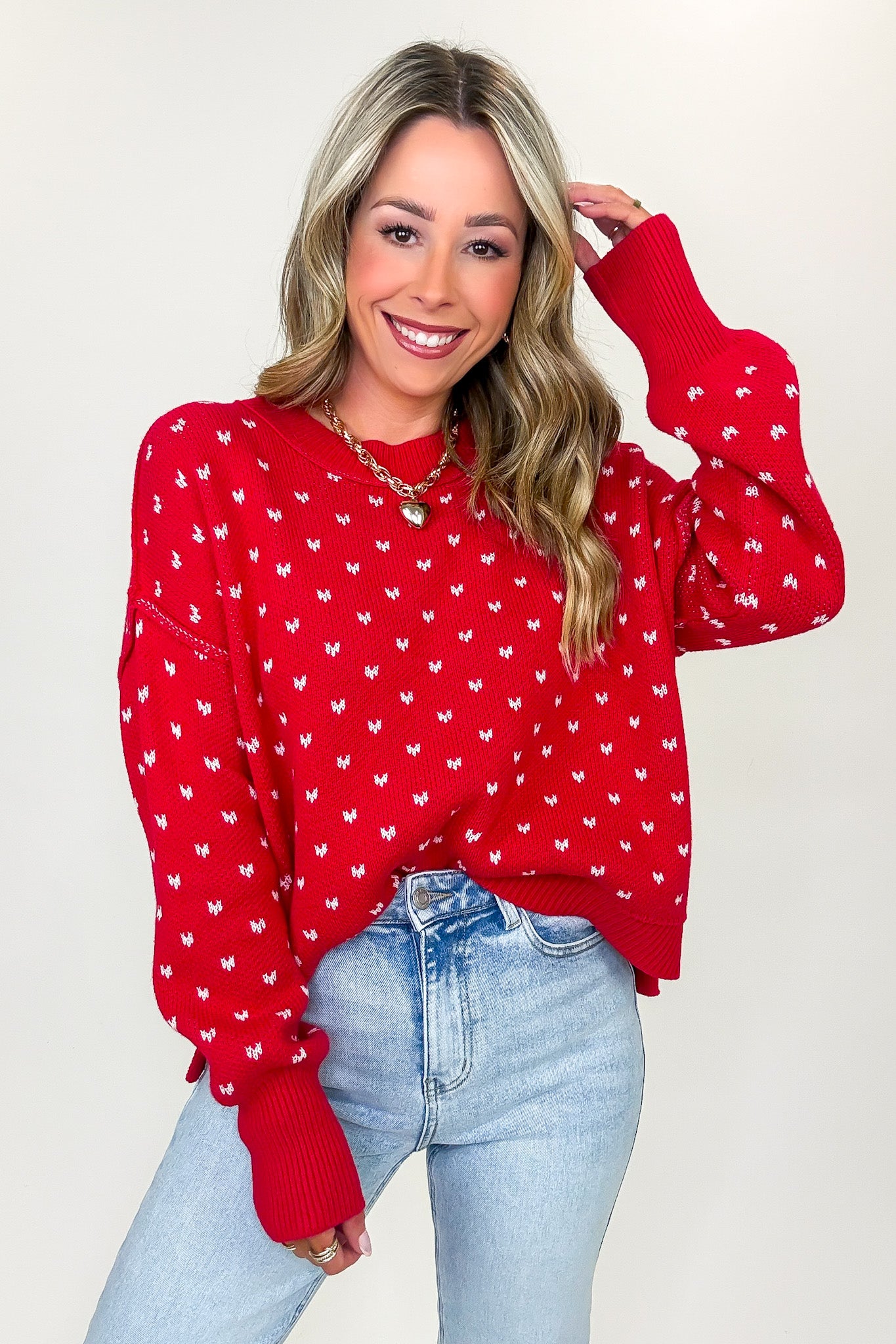 Sweetheart Stitch Heart Print Boxy Knit Sweater
