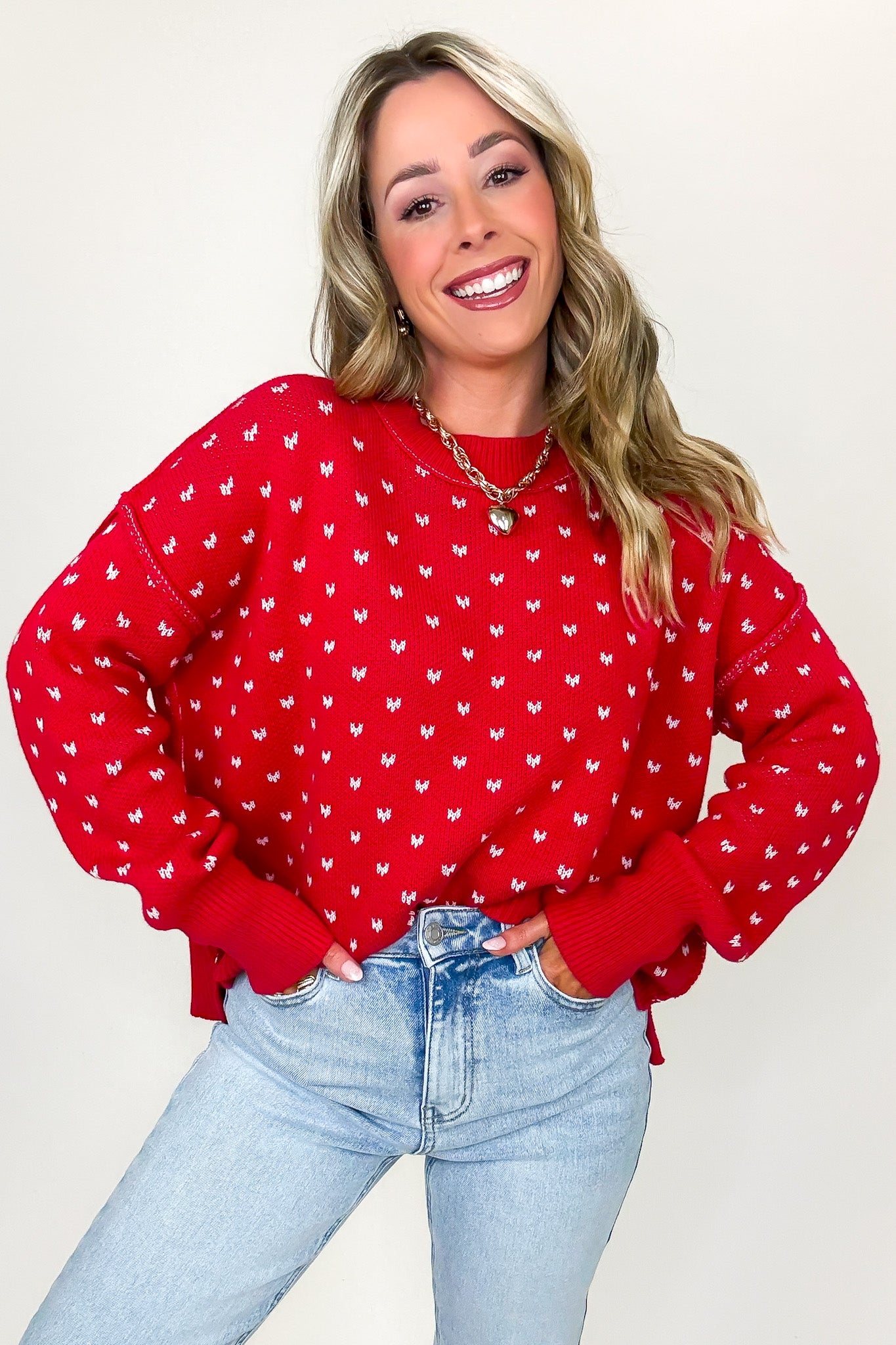 Sweetheart Stitch Heart Print Boxy Knit Sweater