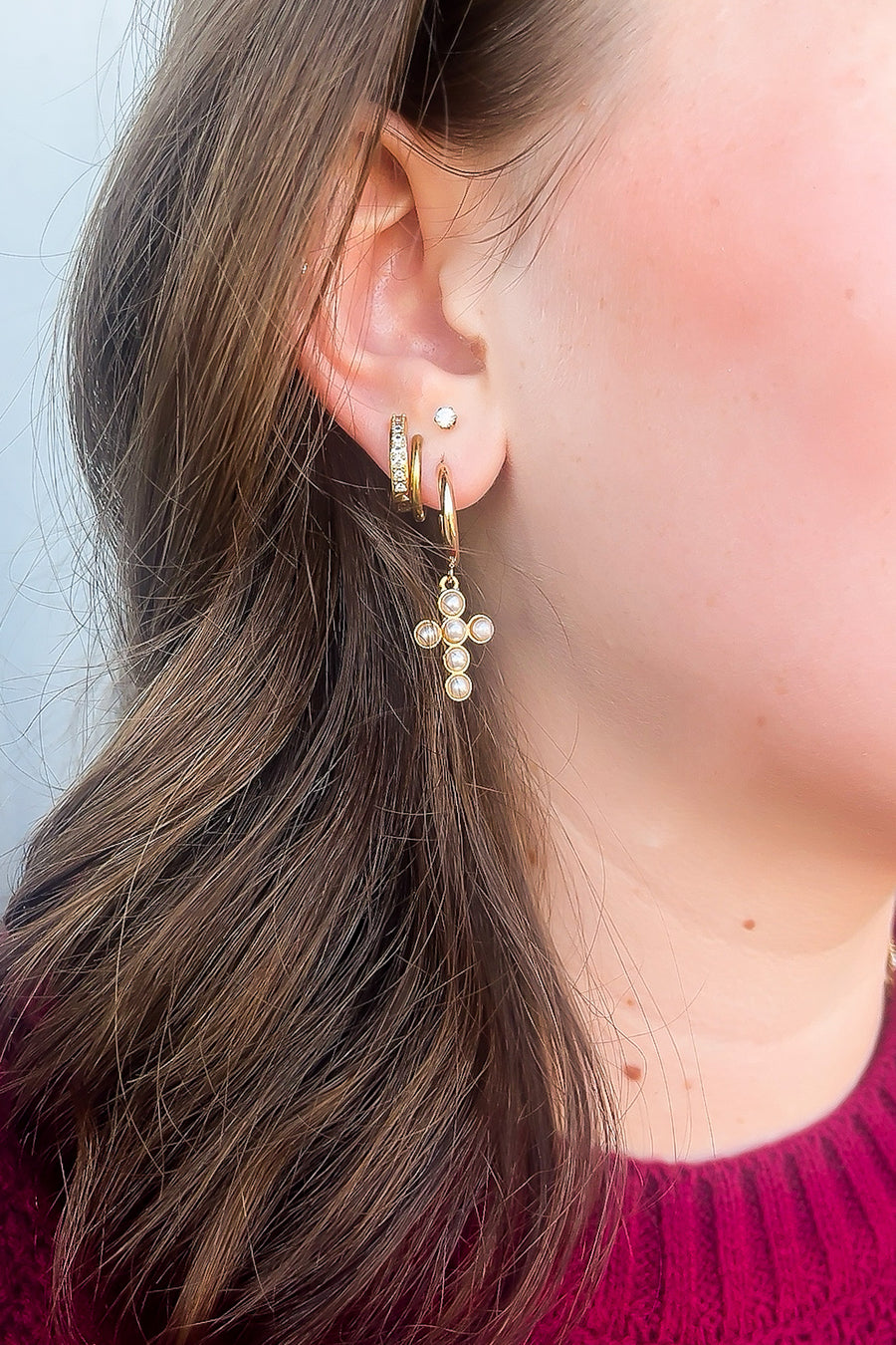  Sweetly Coy Pearl Studed Cross Hoop Earrings - Madison and Mallory