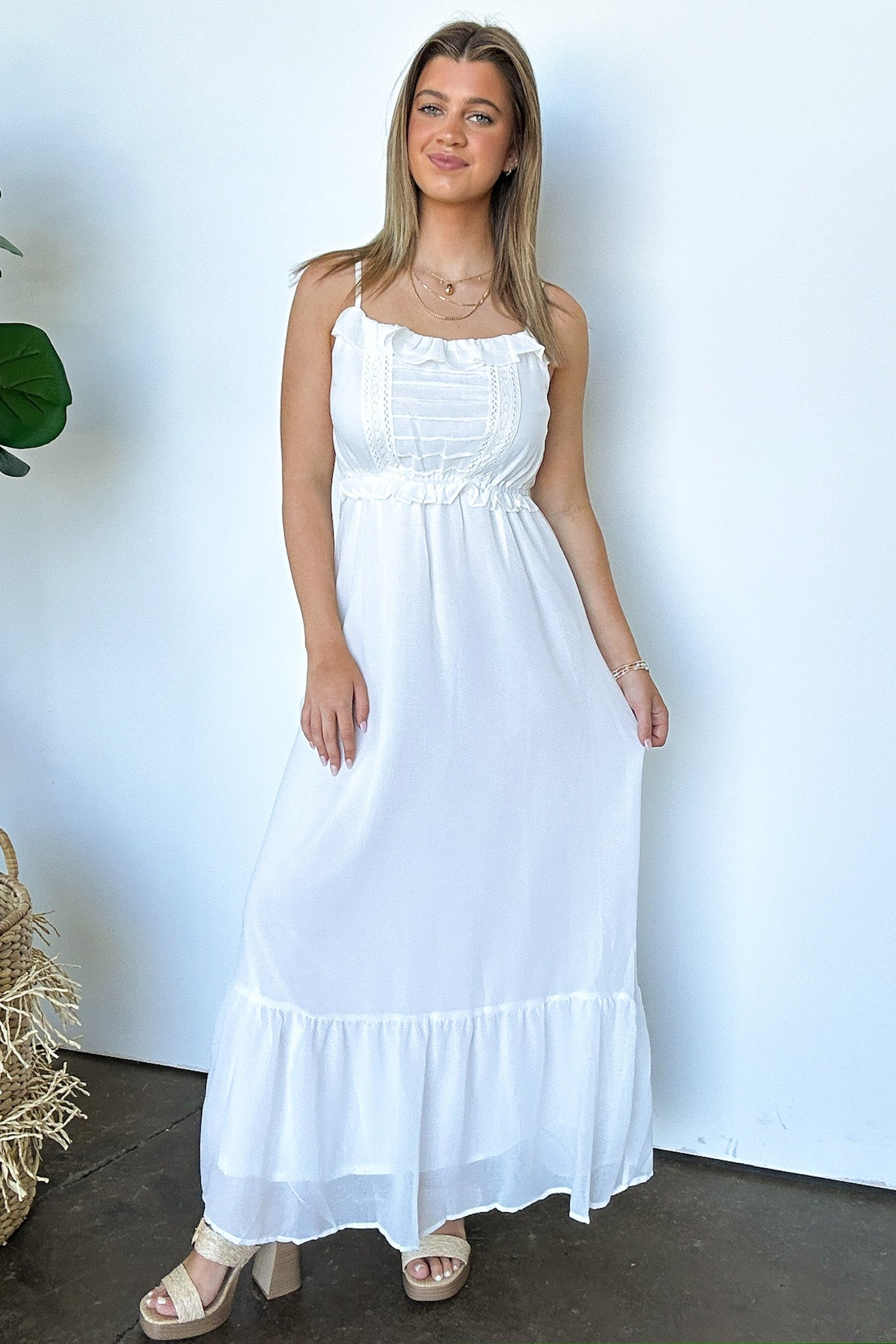 elevated cocktail dress Sweetly Elevated Ruffle and Lace Detail Maxi Dress