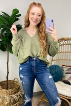 Sage / S Swinton Split V-Neck Knit Top - FINAL SALE - Madison and Mallory