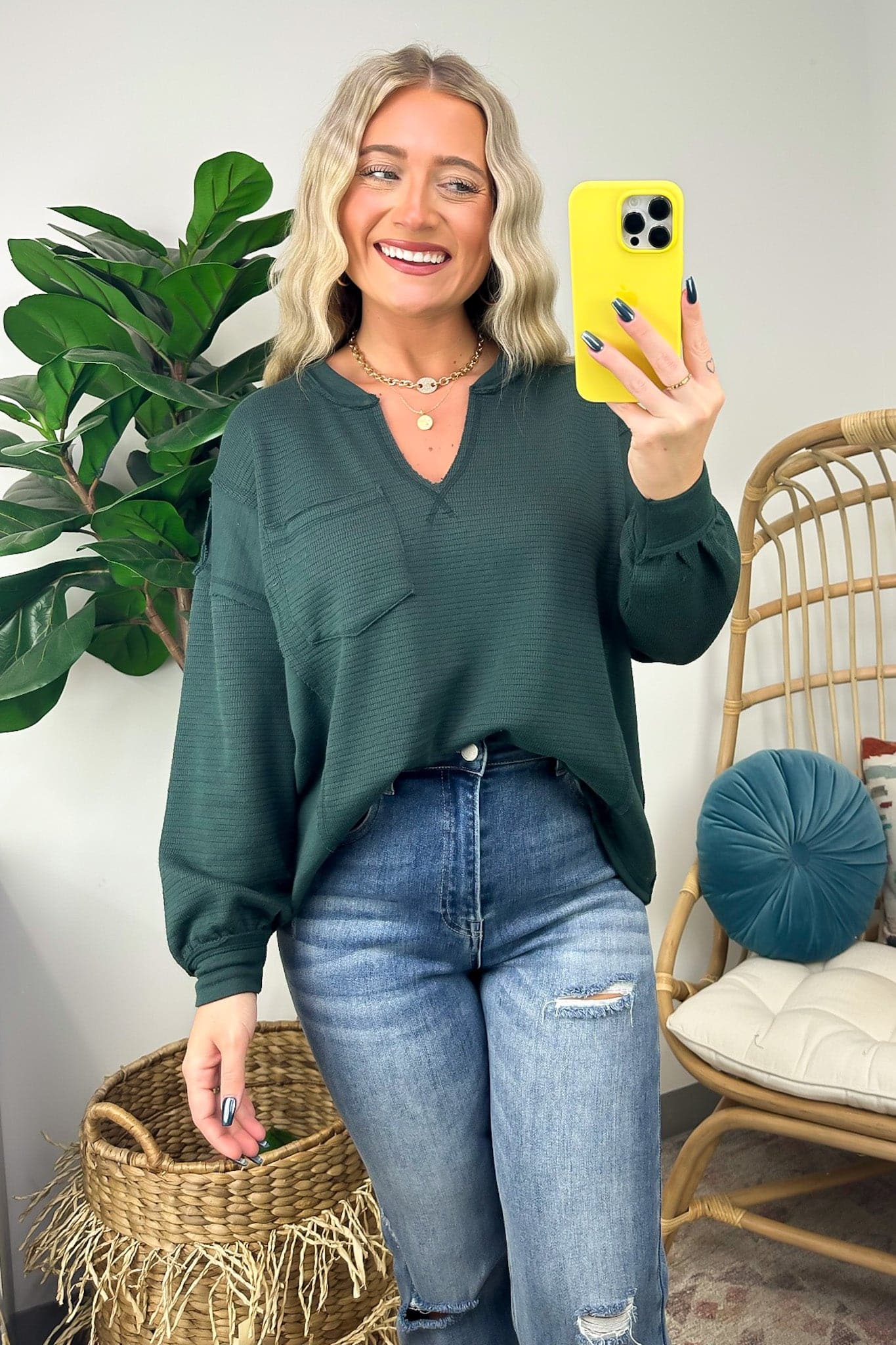 Hunter Green / S Swinton Split V-Neck Knit Top - FINAL SALE - Madison and Mallory