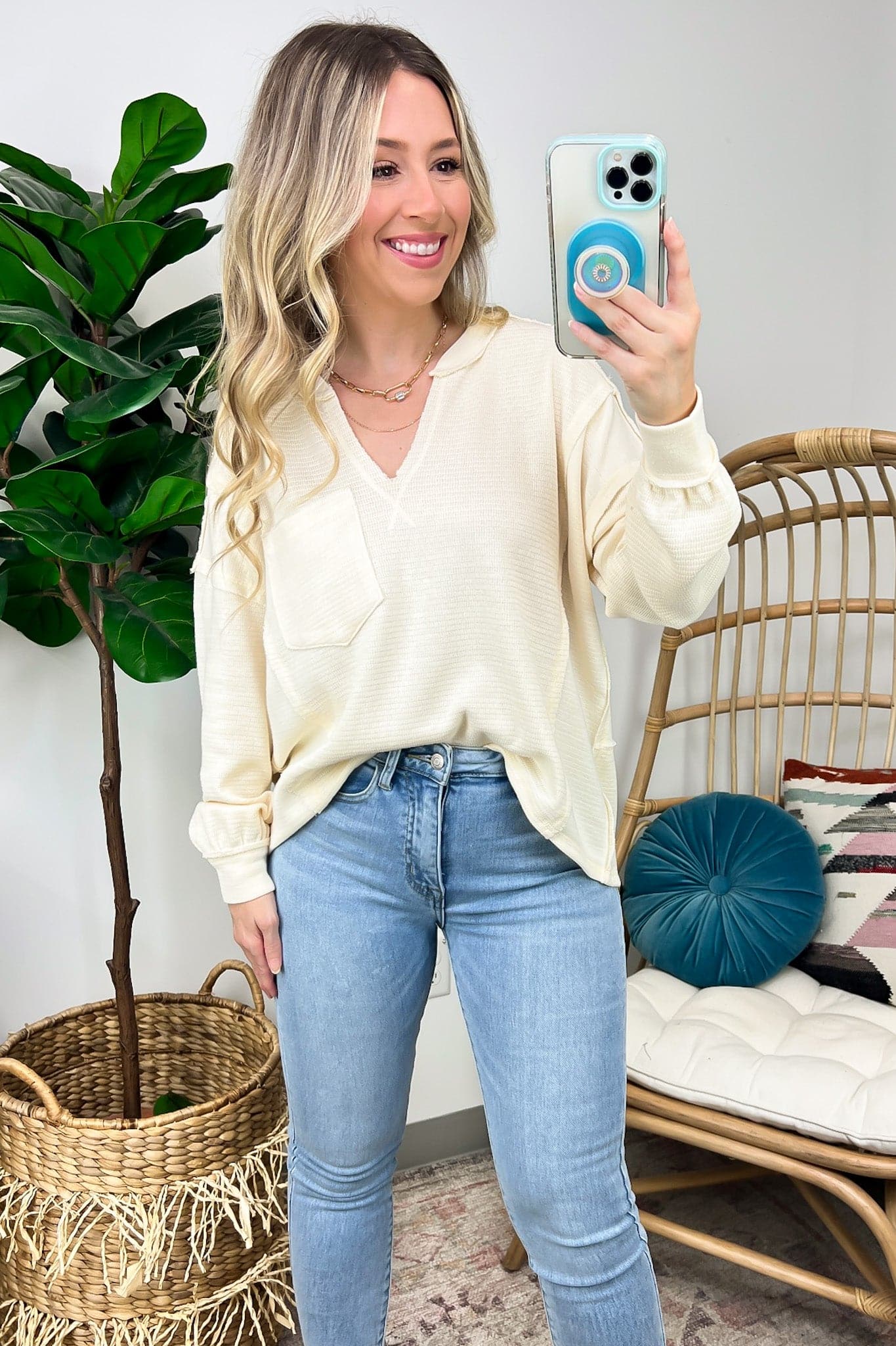 Cream / S Swinton Split V-Neck Knit Top - FINAL SALE - Madison and Mallory