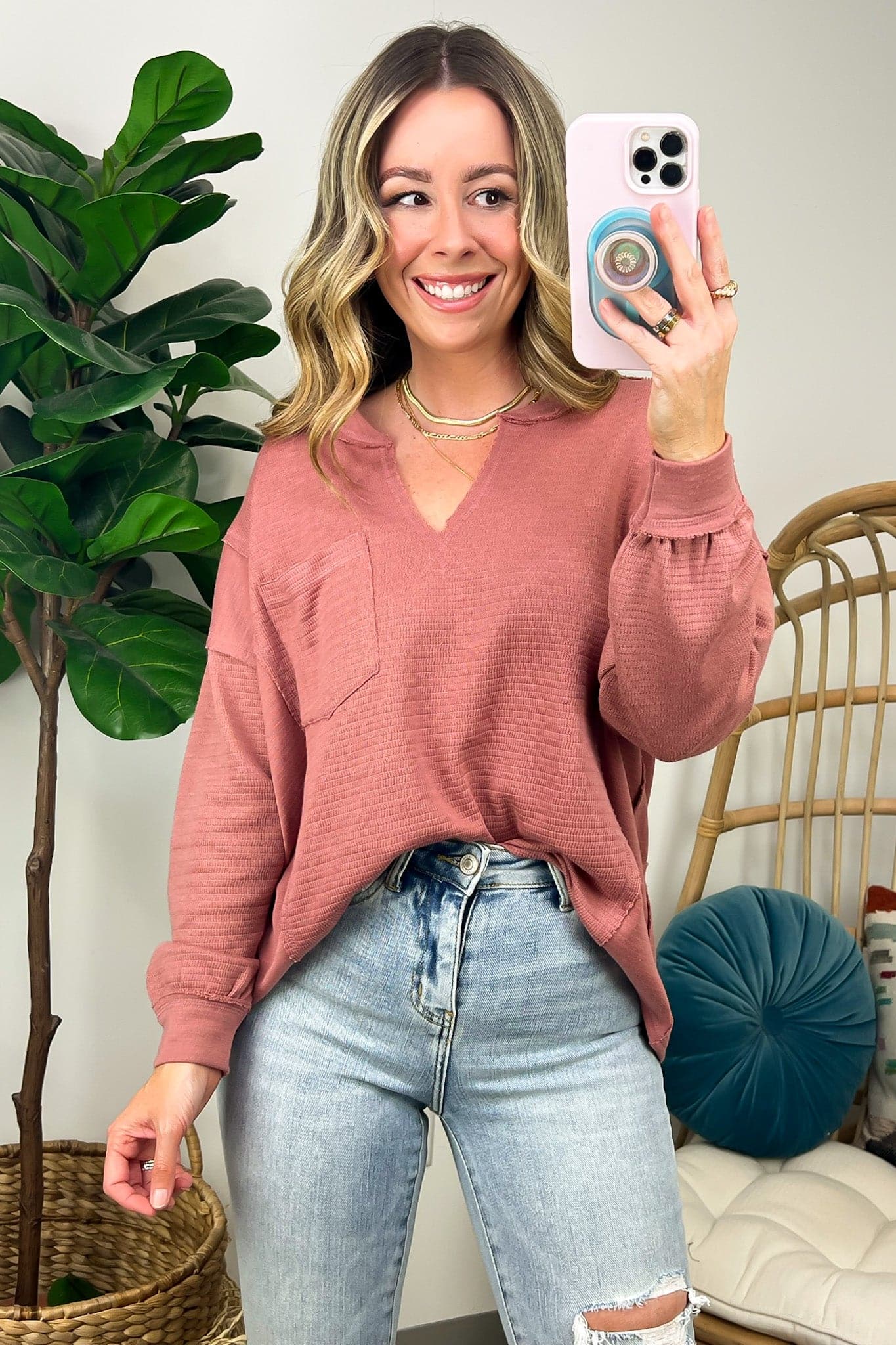 Dusty Rose / S Swinton Split V-Neck Knit Top - FINAL SALE - Madison and Mallory