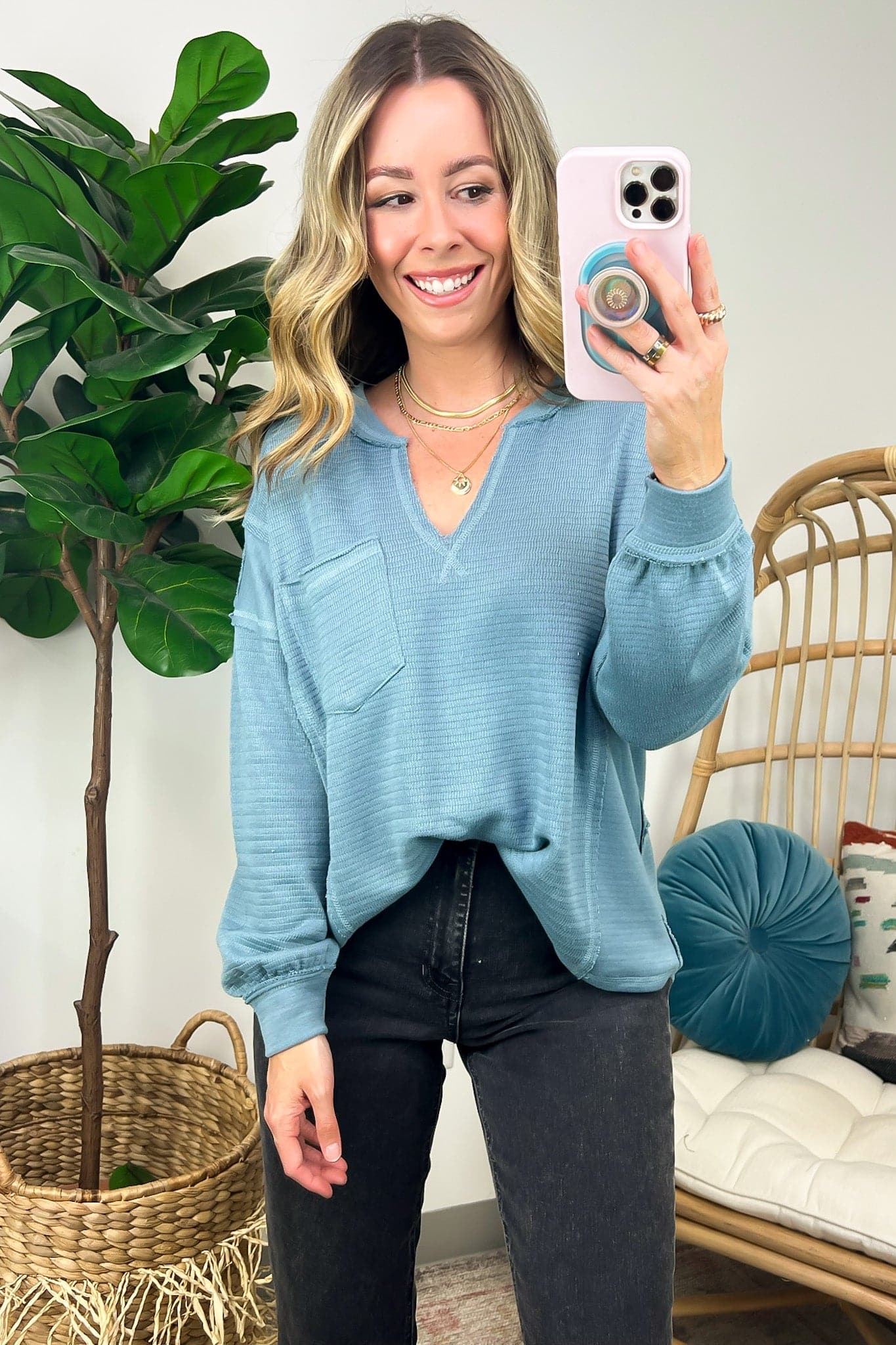 Dusty Blue / S Swinton Split V-Neck Knit Top - FINAL SALE - Madison and Mallory
