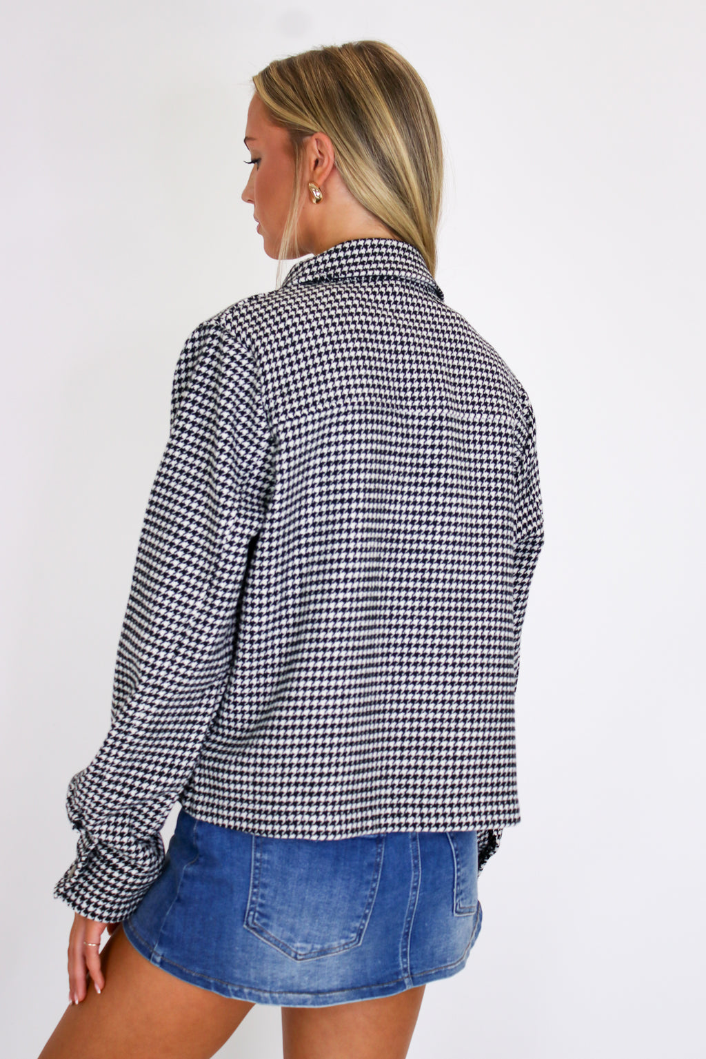 Tailored Edge Houndstooth Snap Button Jacket - Madison and Mallory