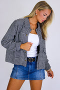 S / Black Tailored Edge Houndstooth Snap Button Jacket - Madison and Mallory