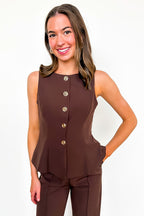 S / Chocolate Tailored Ease Peplum Vest Top - Madison and Mallory