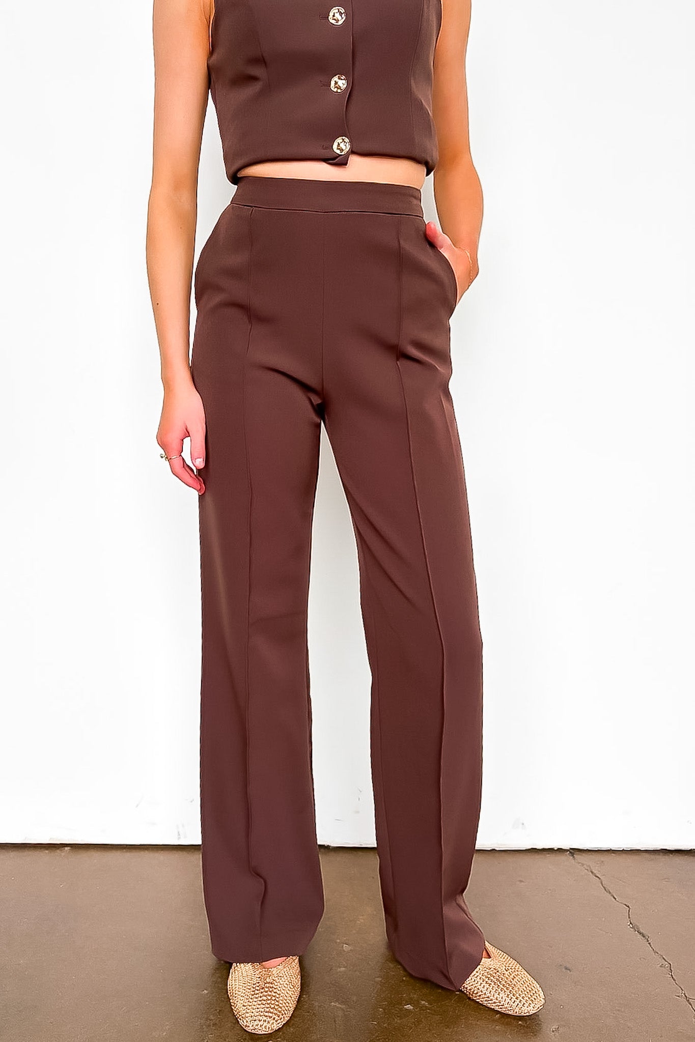 S / Chocolate Tailored Ease Wide Leg Trouser Pants - Madison and Mallory