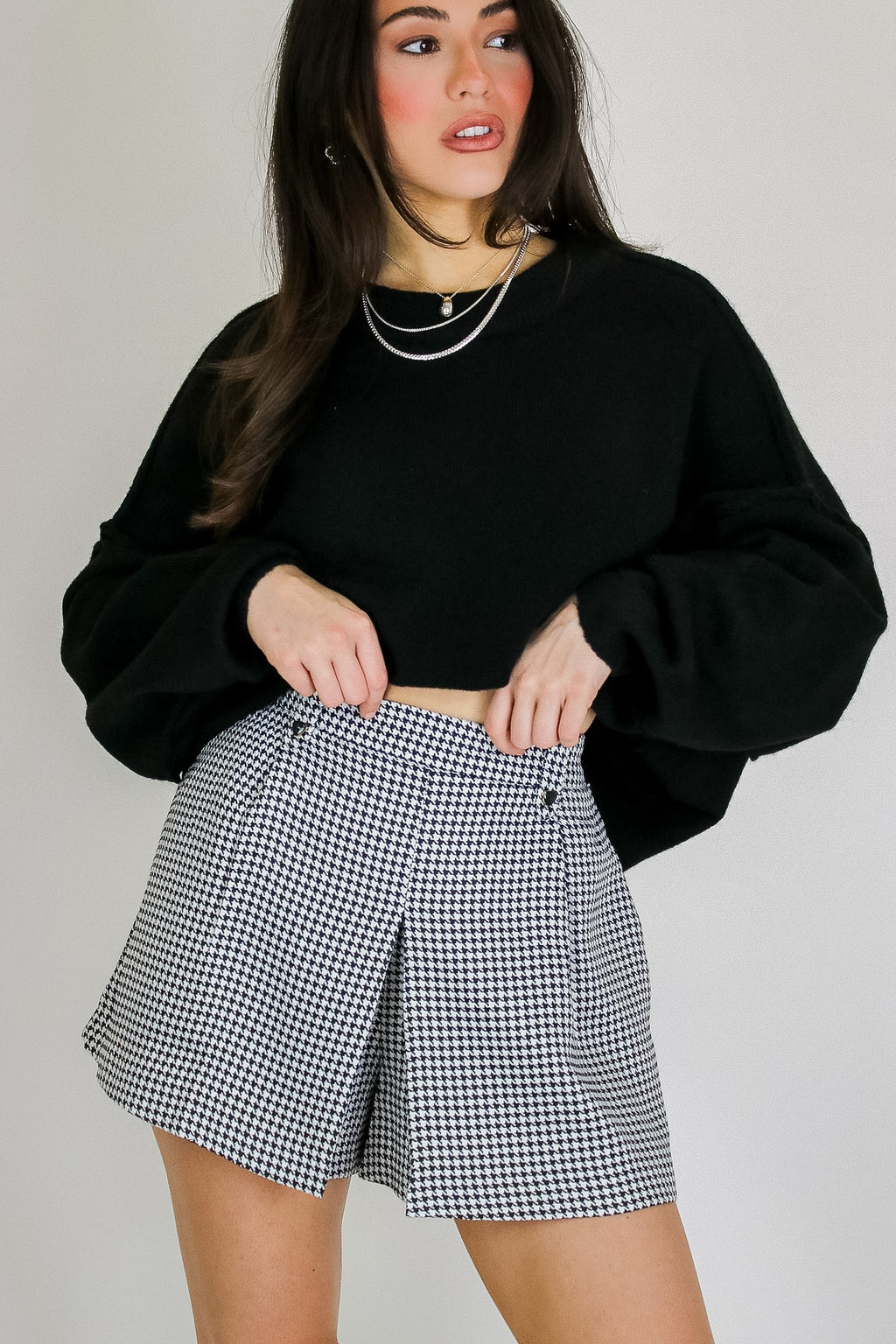 Tailored Twist Houndstooth Pleated Shorts - Madison and Mallory