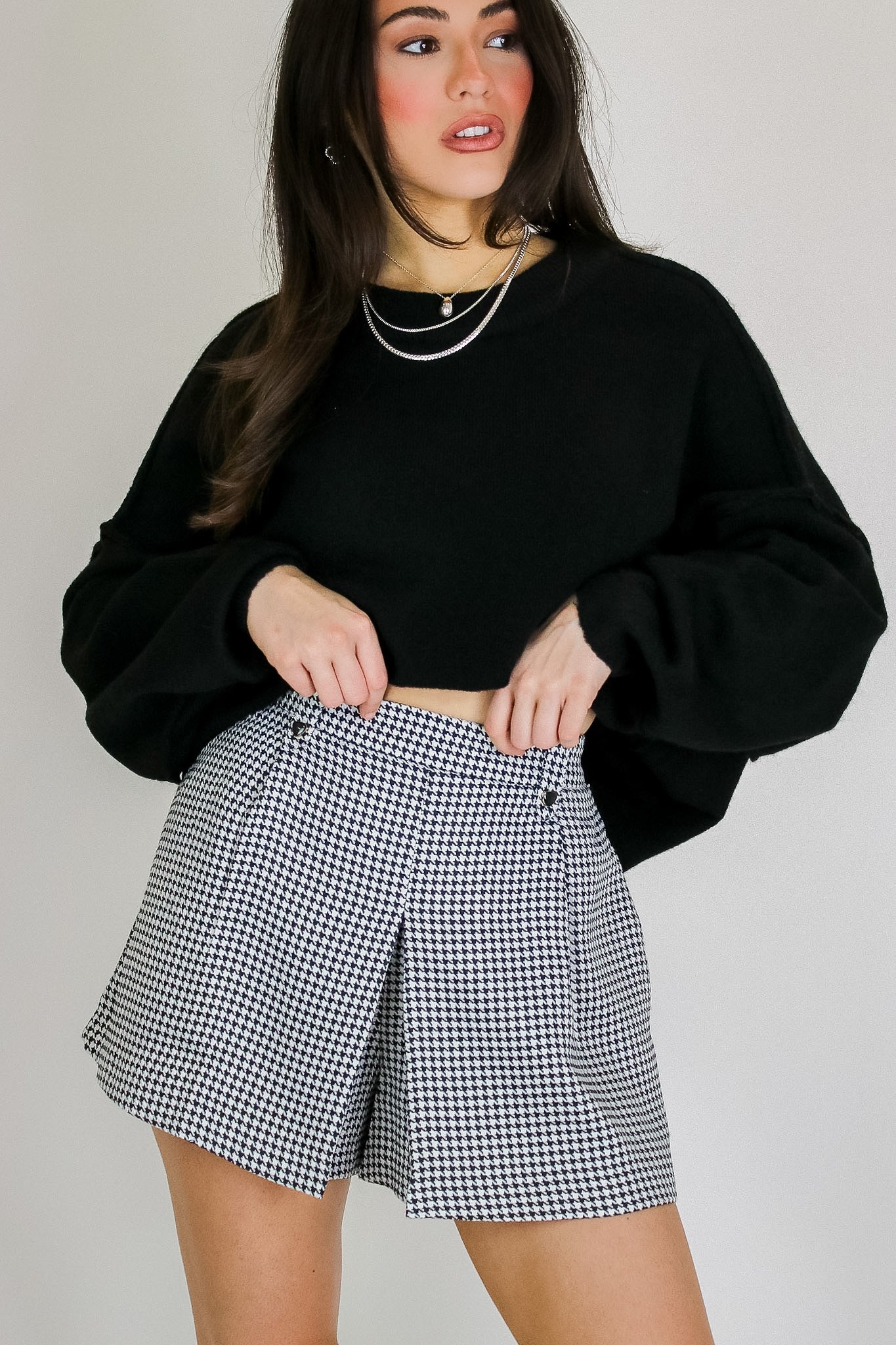 Tailored Twist Houndstooth Pleated Shorts - Madison and Mallory