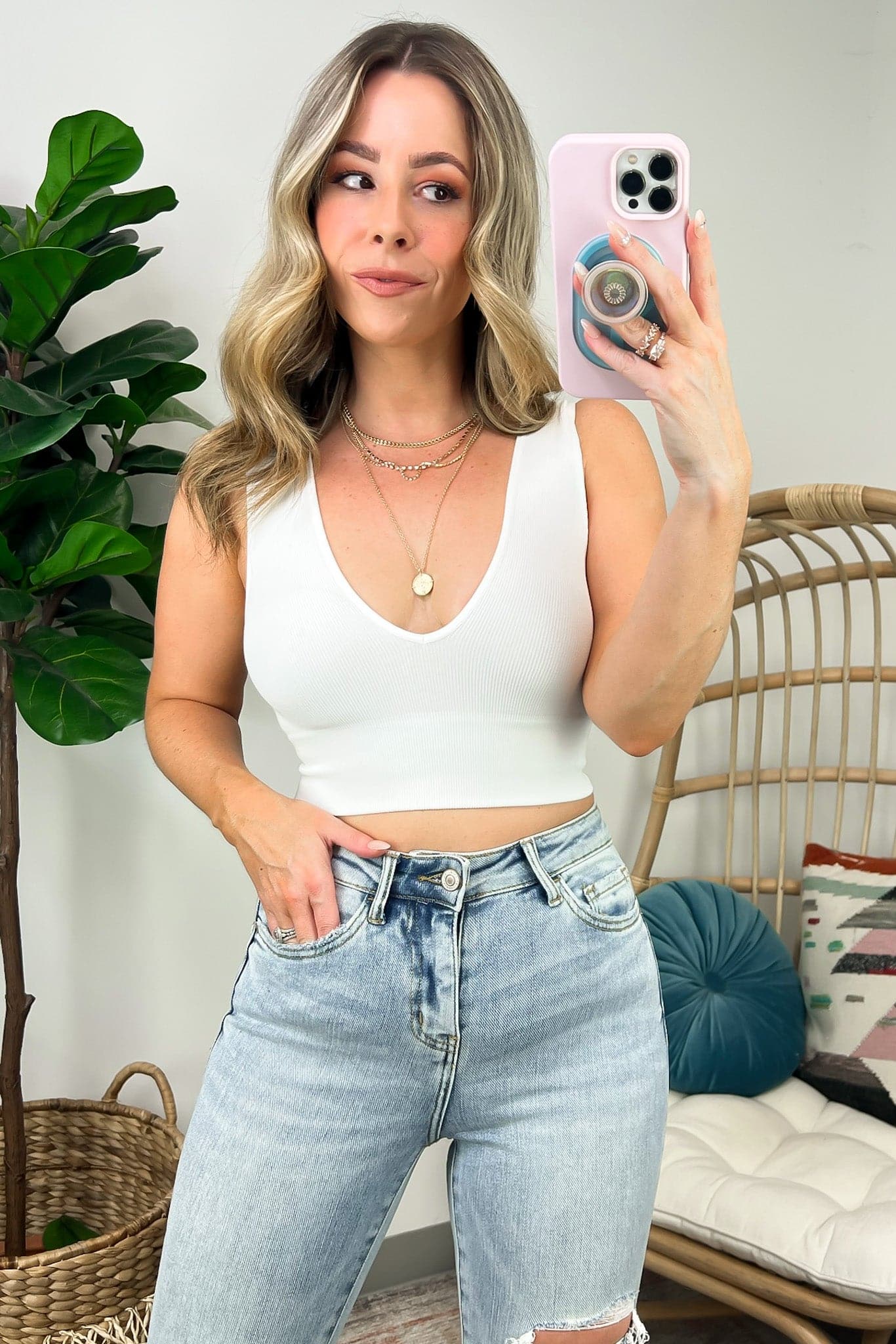 Sexy Seamless Ribbed Low Cut Deep V Neck Plunge Crop Top