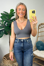 Charcoal / SM Take the Plunge Seamless Ribbed V-Neck Cropped Tank Top - Madison and Mallory