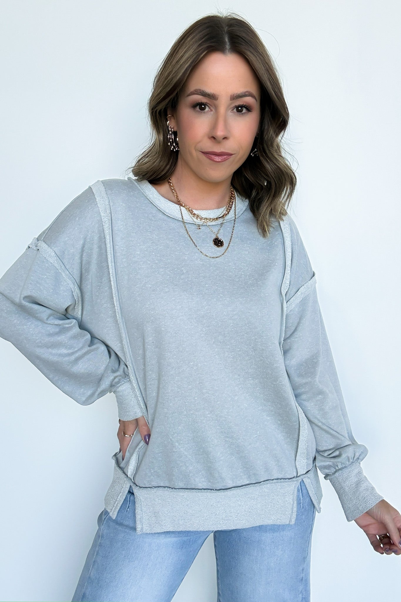 Light Gray / S Taking Notes Exposed Seam Relaxed Sweatshirt - Madison and Mallory