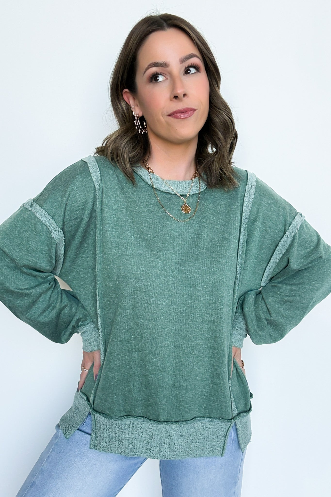 Dark Green / S Taking Notes Exposed Seam Relaxed Sweatshirt - Madison and Mallory