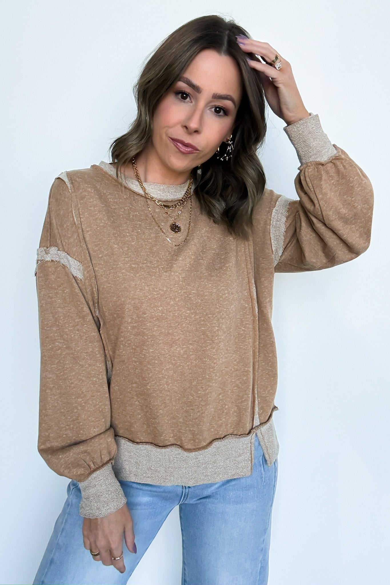 Camel / S Taking Notes Exposed Seam Relaxed Sweatshirt - Madison and Mallory