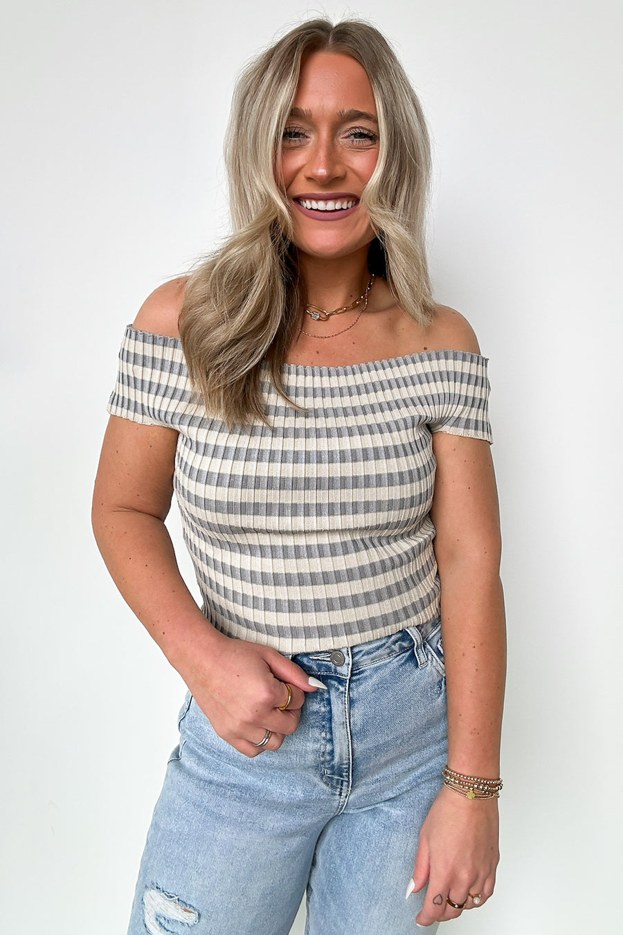 Blue Gray / S Talia Off Shoulder Striped Knit Top - Madison and Mallory