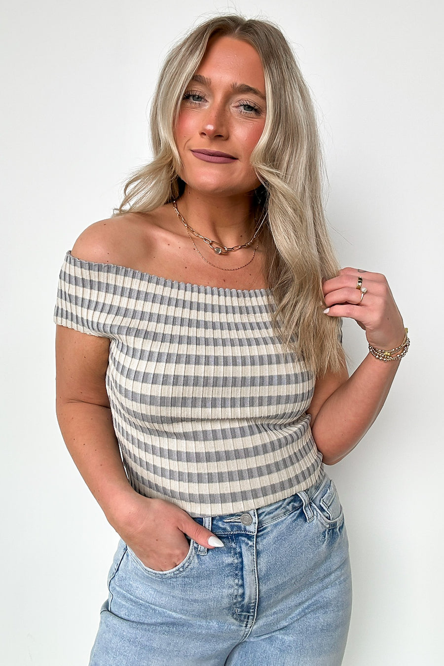  Talia Off Shoulder Striped Knit Top - Madison and Mallory