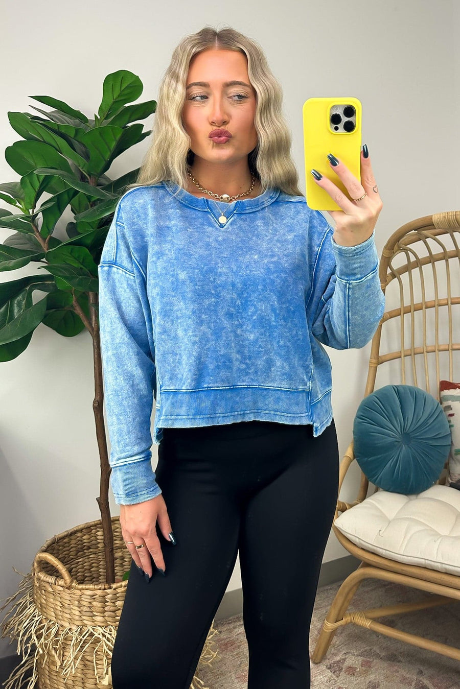 Ocean Blue / S Tanilla Acid Wash Raw Edge Pullover - FINAL SALE - Madison and Mallory
