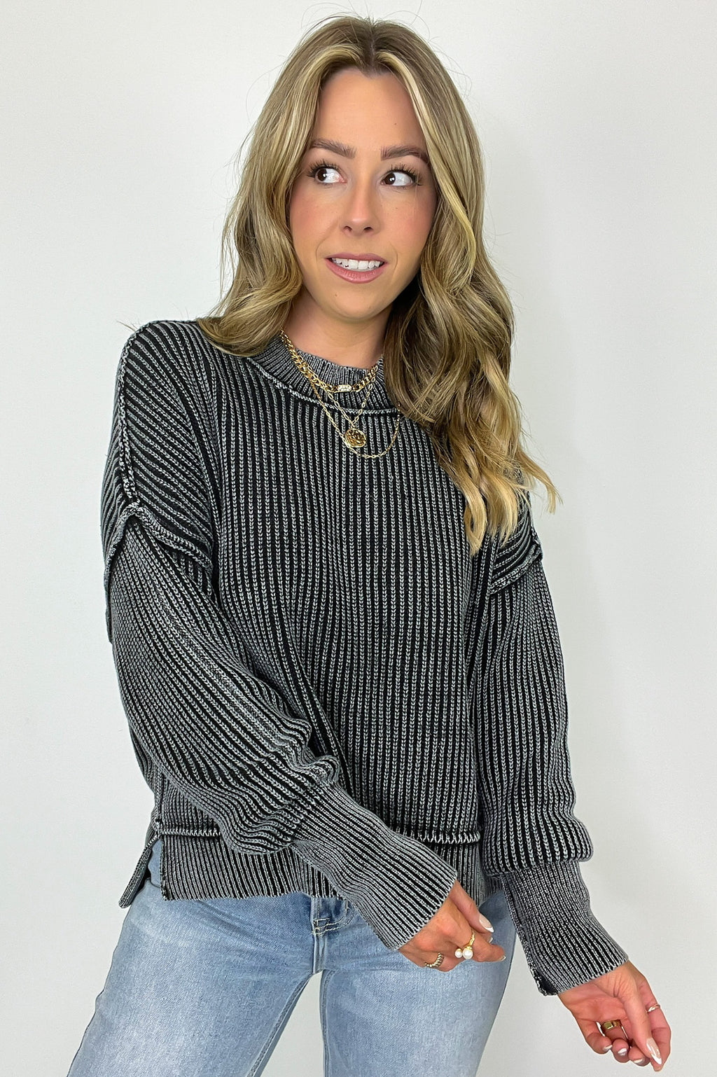 Black / SM Tara Washed Side Slit Knit Sweater - Madison and Mallory