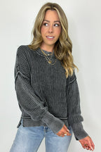 Black / SM Tara Washed Side Slit Knit Sweater - Madison and Mallory