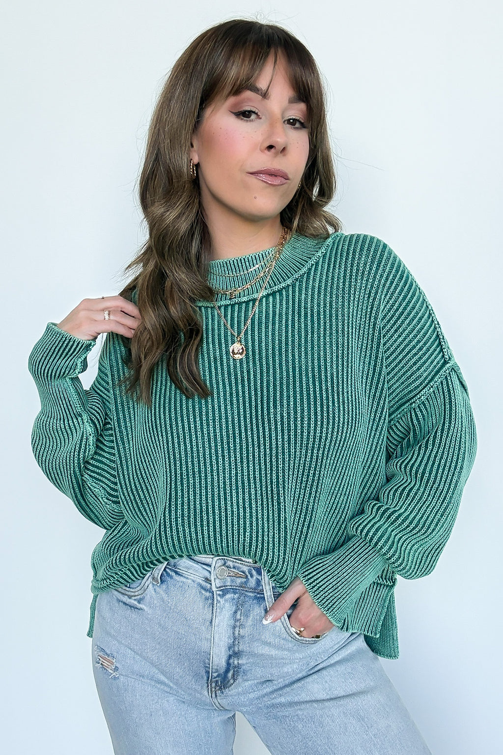 Hunter Green / SM Tara Washed Side Slit Knit Sweater - BACK IN STOCK - Madison and Mallory