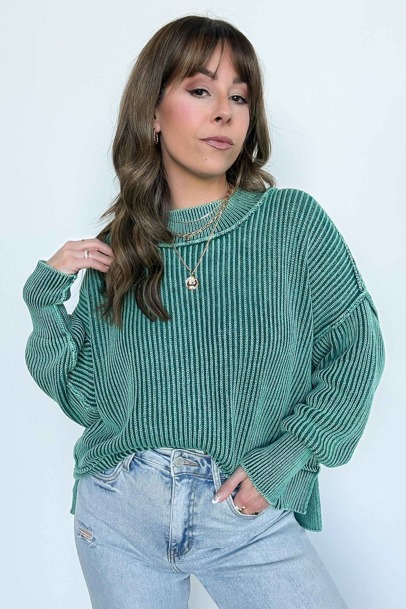 Hunter Green / SM Tara Washed Side Slit Knit Sweater - BACK IN STOCK - Madison and Mallory