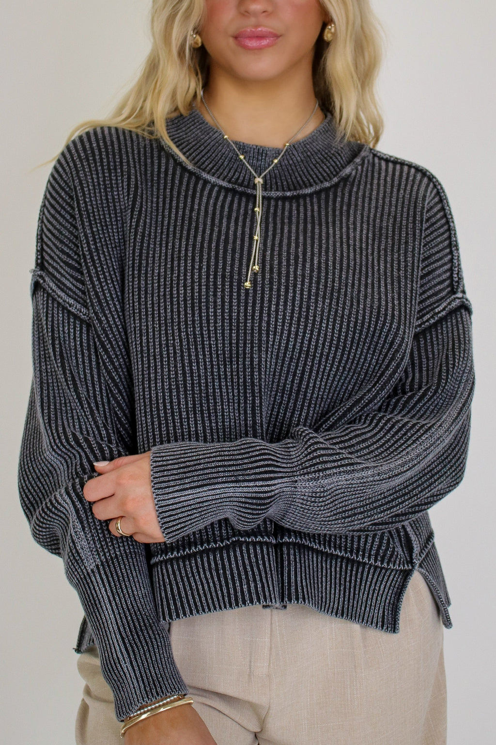 Black / SM Tara Washed Side Slit Knit Sweater - Madison and Mallory