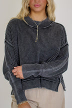 Black / SM Tara Washed Side Slit Knit Sweater - Madison and Mallory