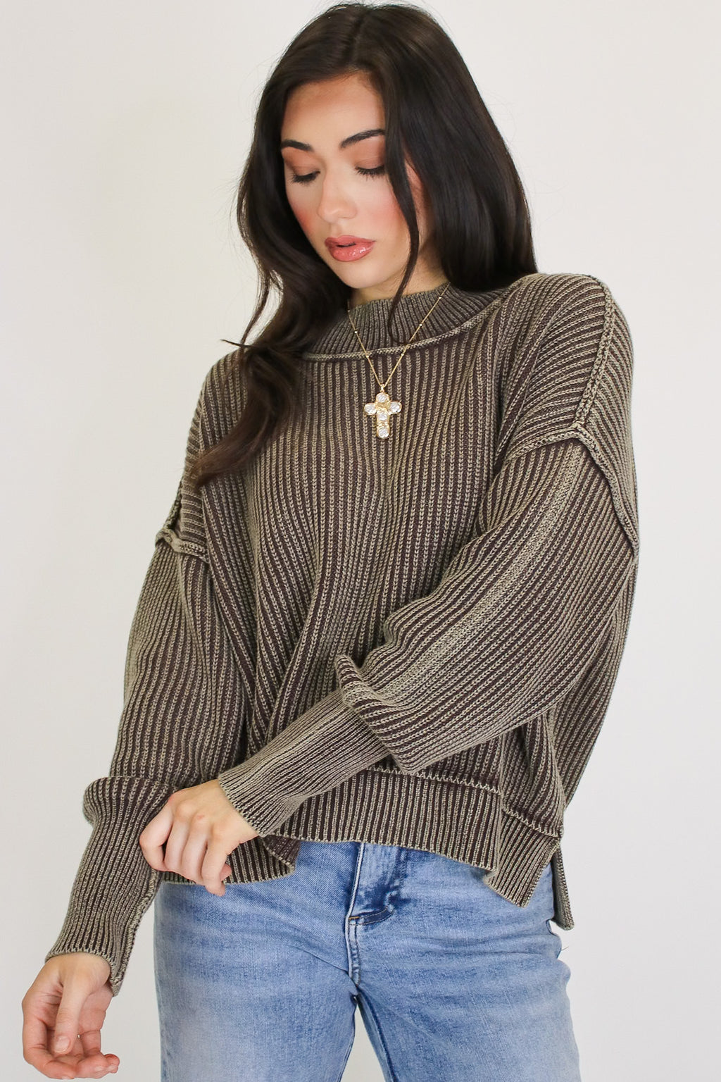 Brown / SM Tara Washed Side Slit Knit Sweater - Madison and Mallory