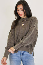 Brown / SM Tara Washed Side Slit Knit Sweater - Madison and Mallory