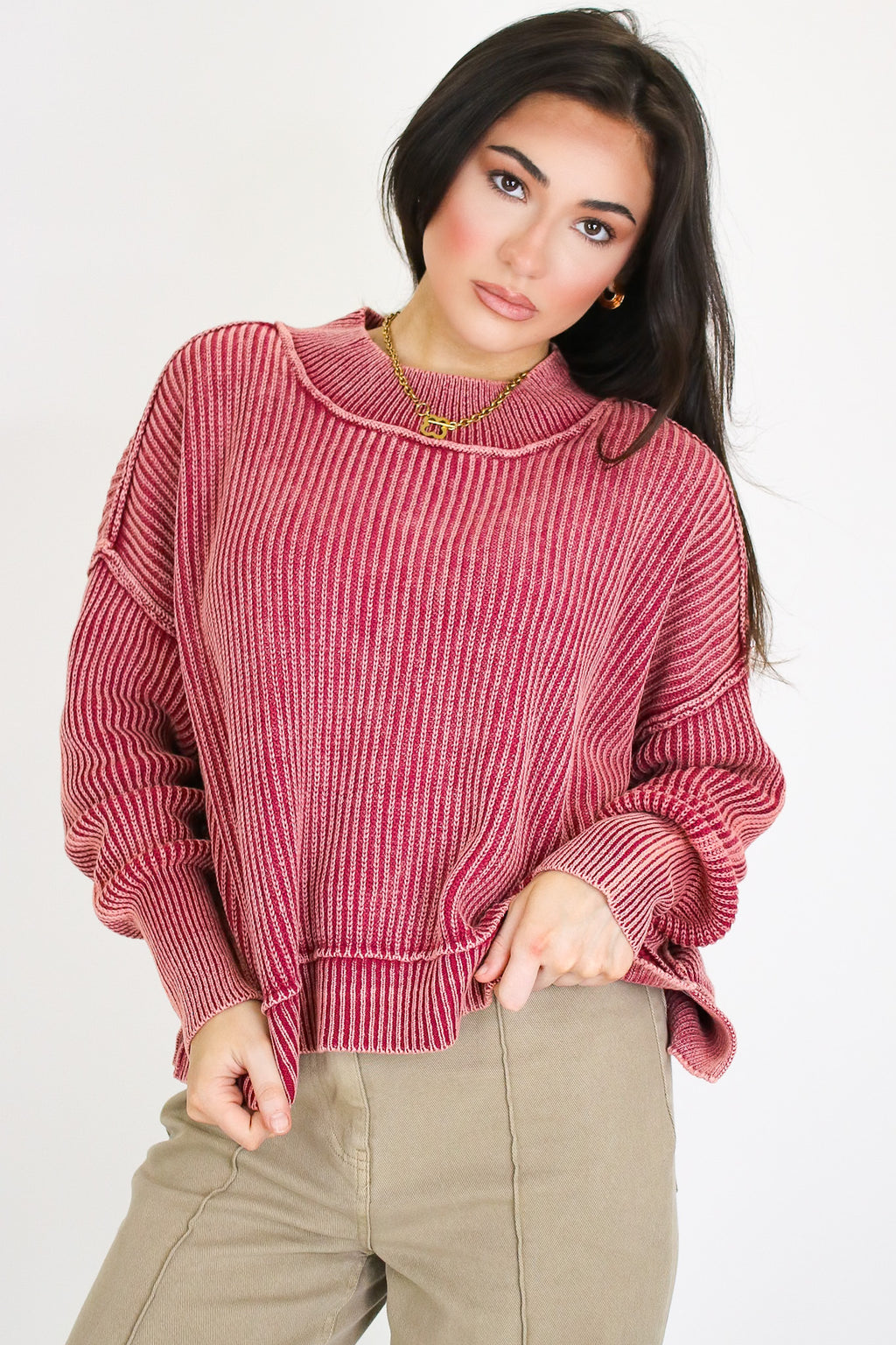 Cabernet / SM Tara Washed Side Slit Knit Sweater - Madison and Mallory