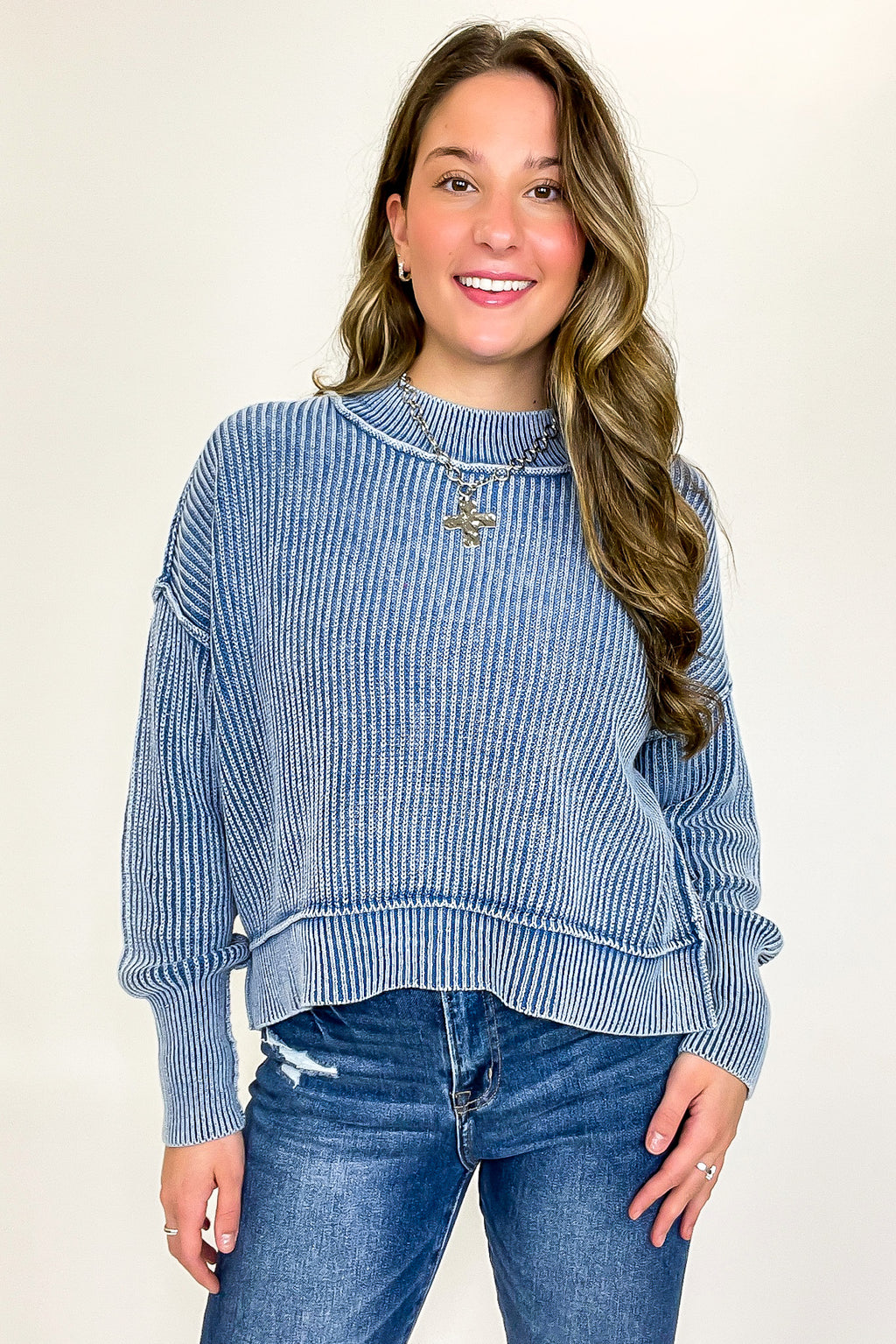 Classic Blue / SM Tara Washed Side Slit Knit Sweater - Madison and Mallory