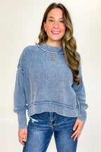 Classic Blue / SM Tara Washed Side Slit Knit Sweater - Madison and Mallory
