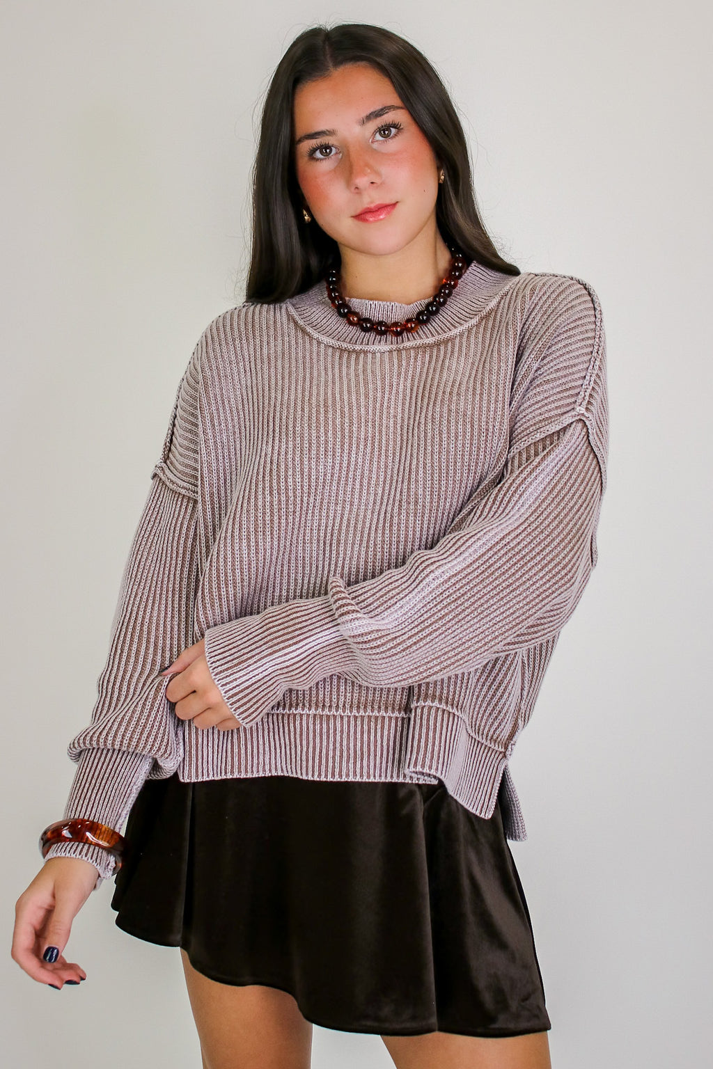 Cocoa / SM Tara Washed Side Slit Knit Sweater - Madison and Mallory