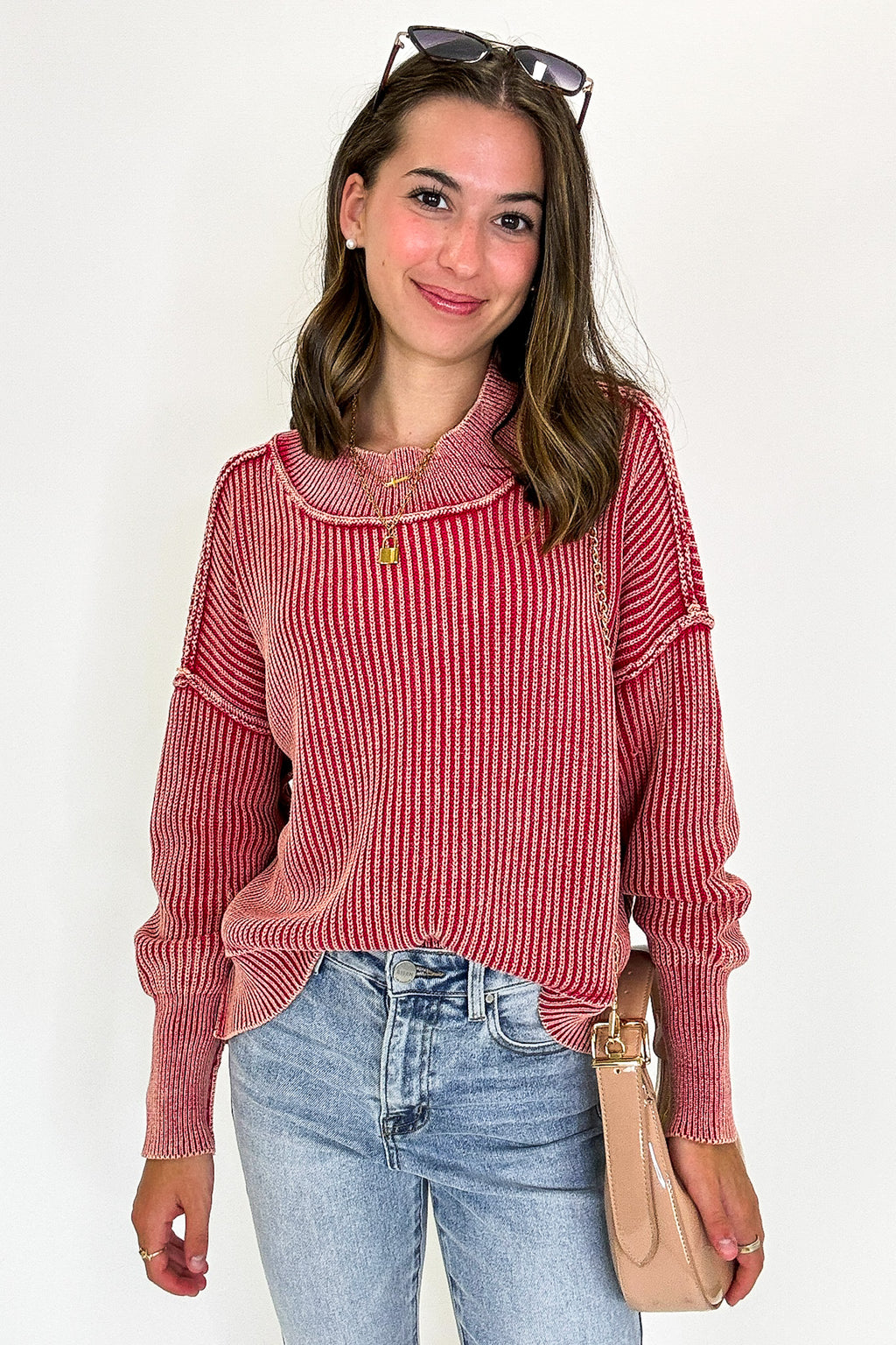 Dark Red / SM Tara Washed Side Slit Knit Sweater - Madison and Mallory