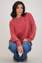 Dark Red / SM Tara Washed Side Slit Knit Sweater - Madison and Mallory