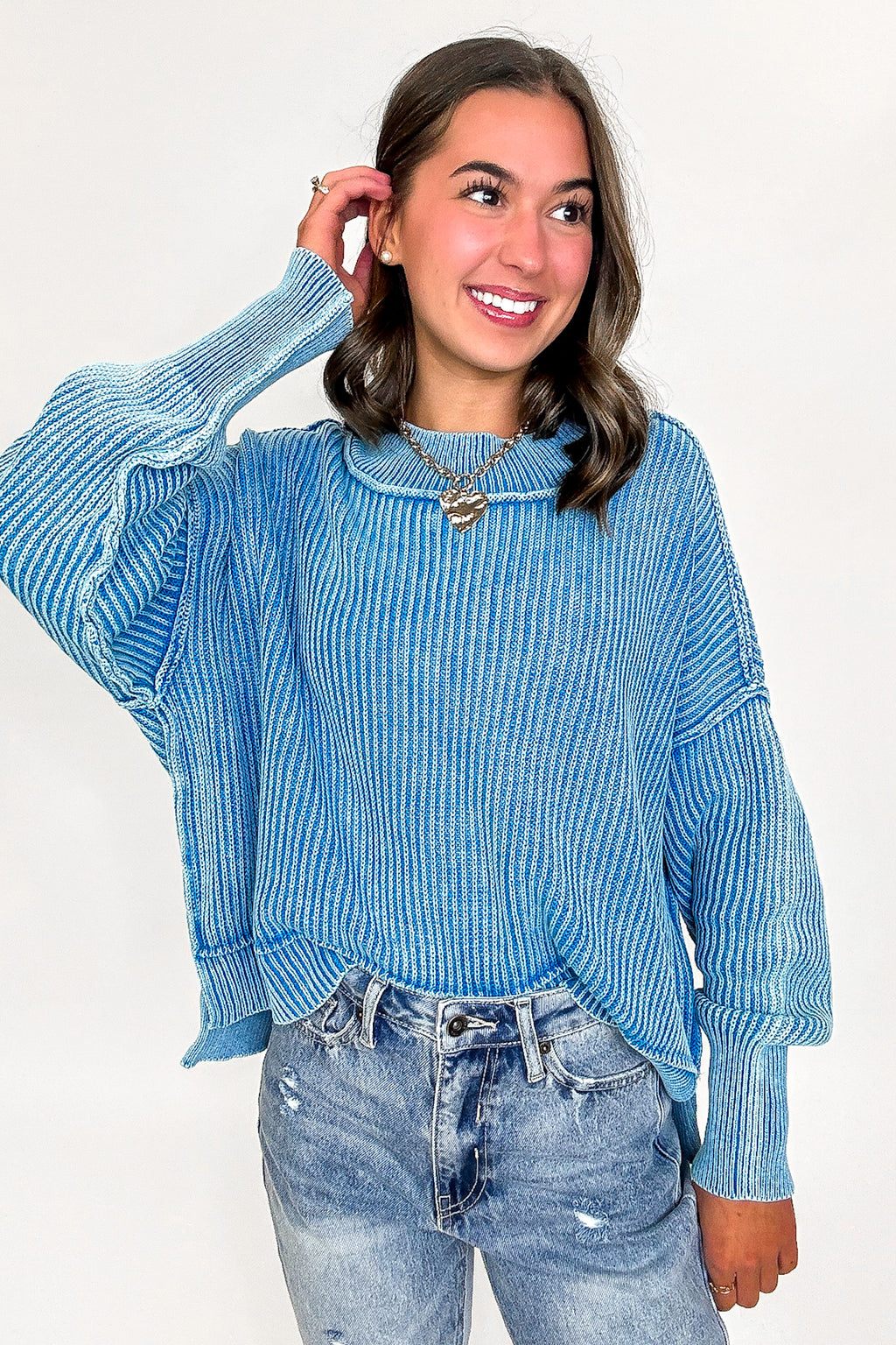 Deep Sky / SM Tara Washed Side Slit Knit Sweater - Madison and Mallory