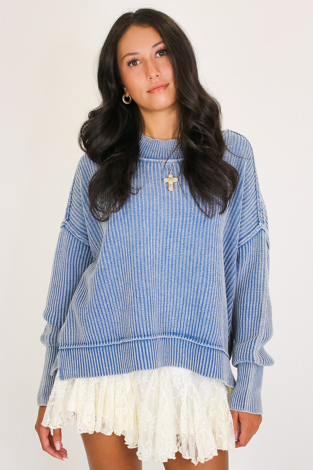 Dusty Blue / SM Tara Washed Side Slit Knit Sweater - Madison and Mallory