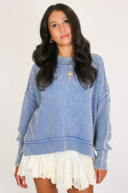 Dusty Blue / SM Tara Washed Side Slit Knit Sweater - Madison and Mallory