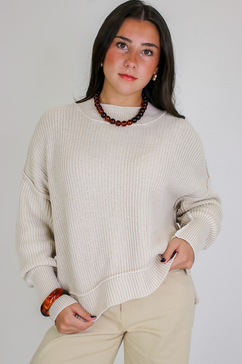 Tara Washed Side Slit Knit Sweater