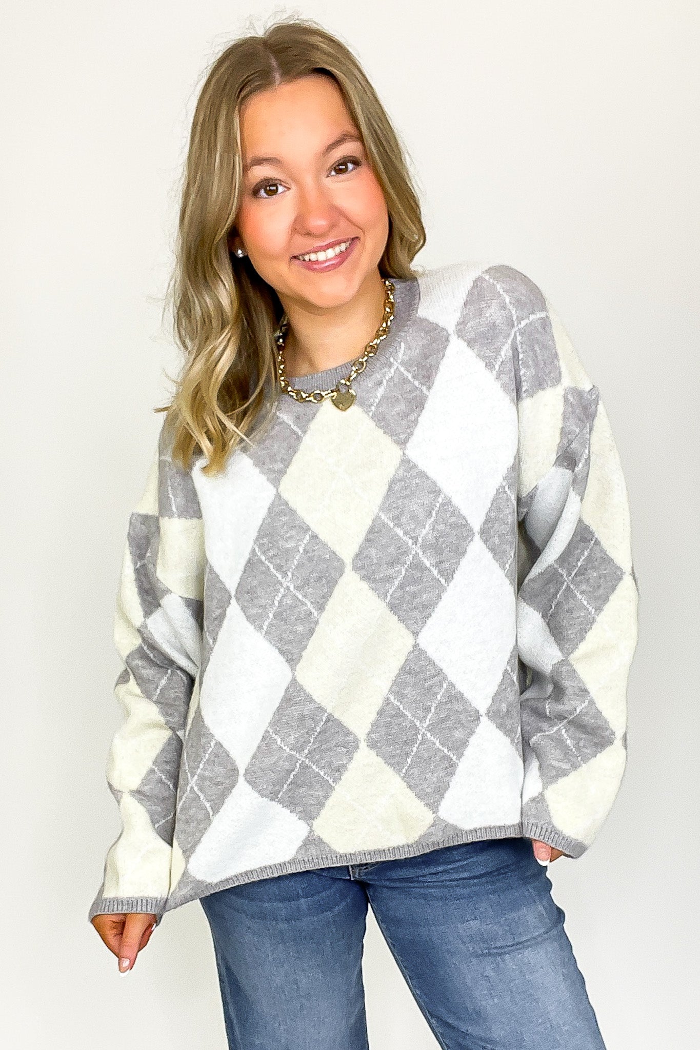 Heather Gray / S Tartan Touch Argyle Knit Sweater - FINAL SALE - Madison and Mallory