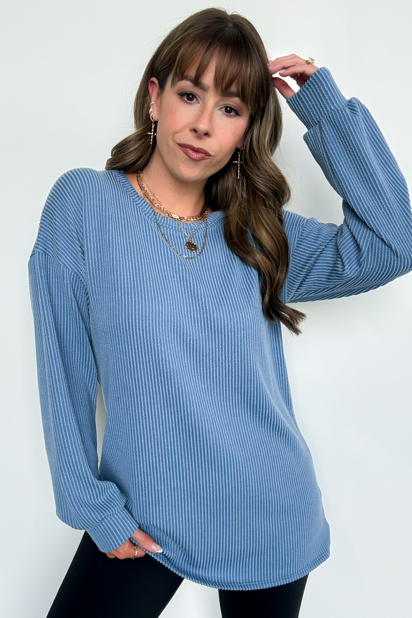 Denim / S Taryn Ribbed Knit Puff Sleeve Top - Madison and Mallory